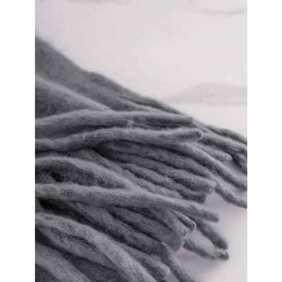 Gray Wide Shawl Scarf With Tassels Fuzzy Knit - Picture 4 of 8